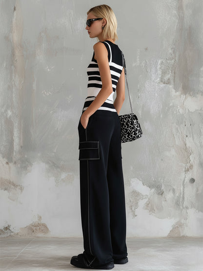 Stylish Sporty Black Striped Knit Vest Cotton Wide-Leg Pants Set