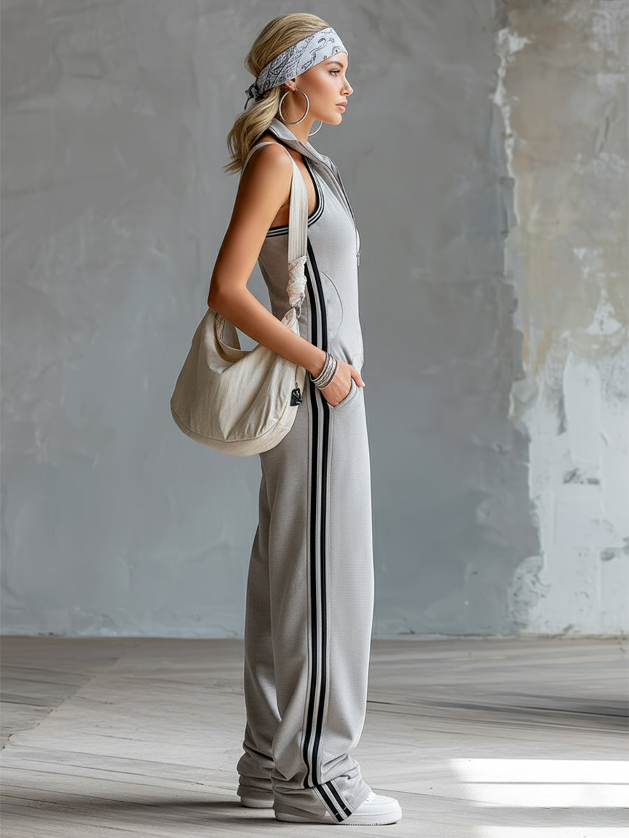 Retro Sporty Striped Trim Light Gray Lapel Narrow Shoulder Cotton Sleeveless Jumpsuit