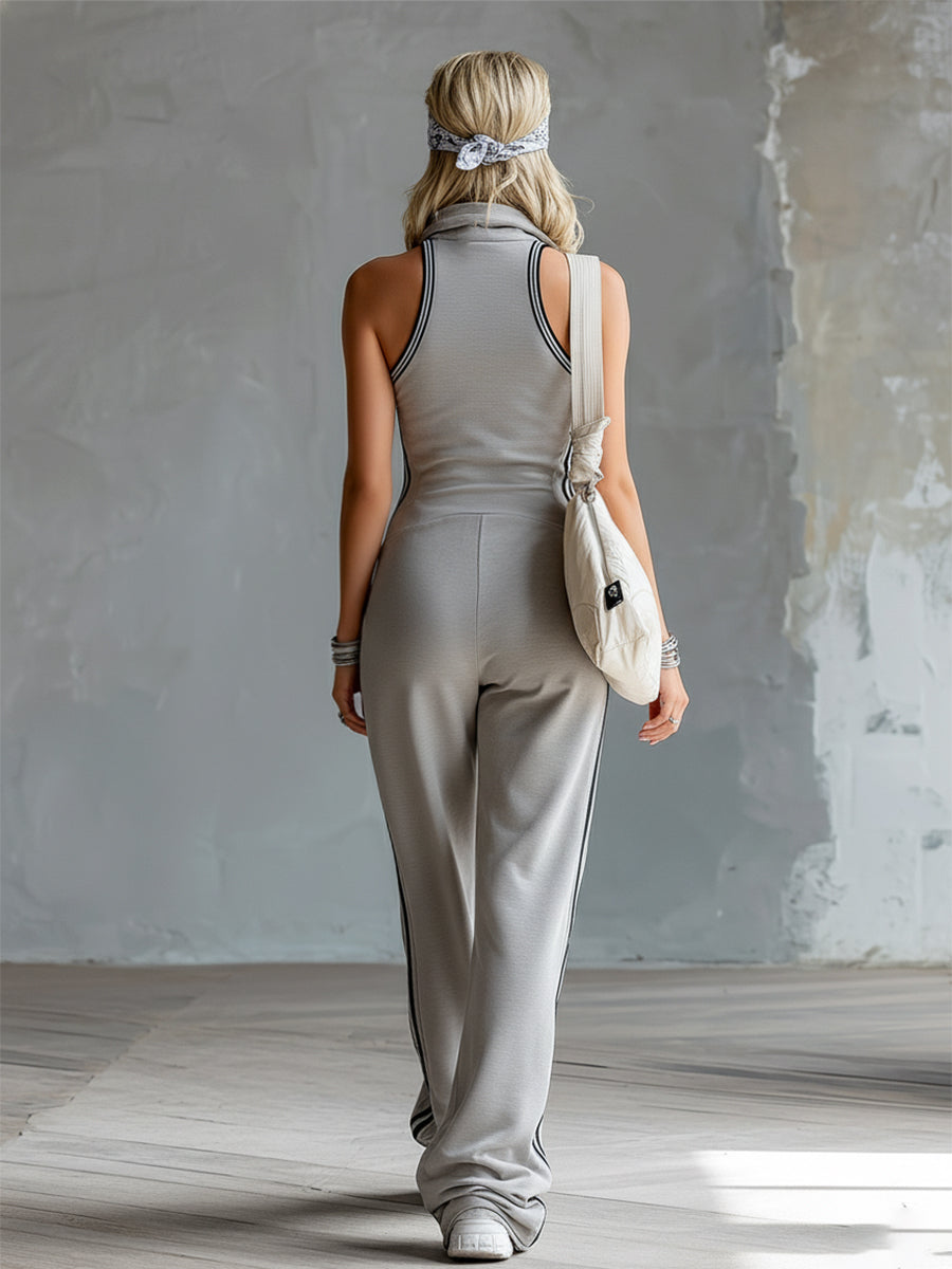 Retro Sporty Striped Trim Light Gray Lapel Narrow Shoulder Cotton Sleeveless Jumpsuit