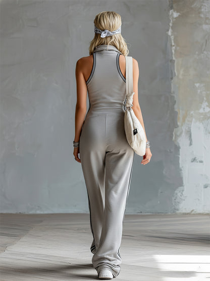 Retro Sporty Striped Trim Light Gray Lapel Narrow Shoulder Cotton Sleeveless Jumpsuit