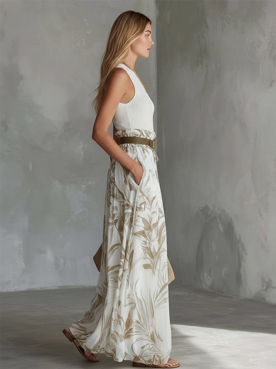 Elegant White Breathable Knit Tank Top Printed Chiffon Wide-Leg Pants Set