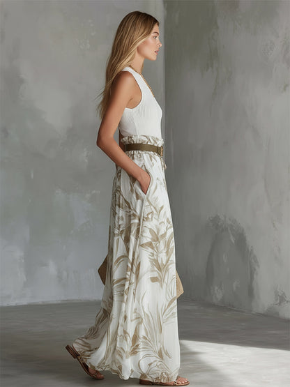 Elegant White Breathable Knit Tank Top Printed Chiffon Wide-Leg Pants Set