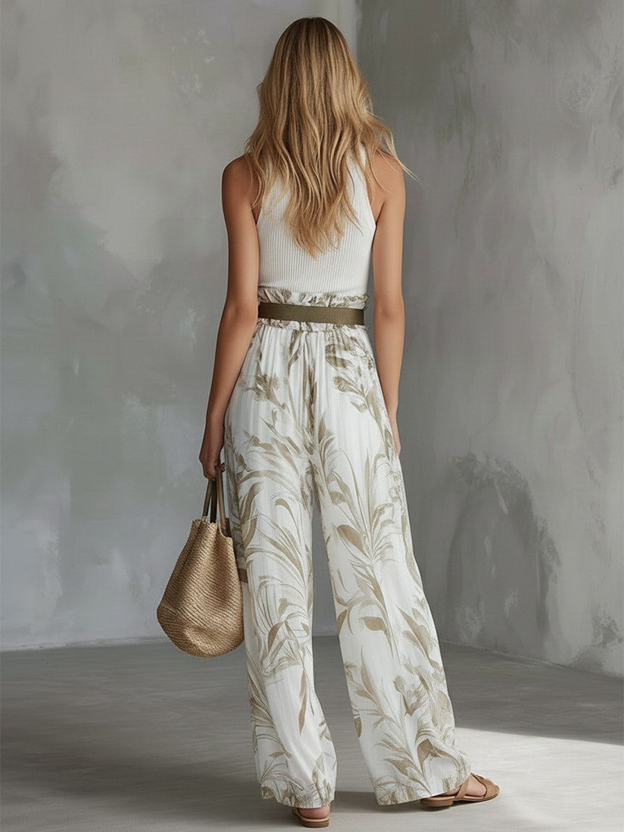 Elegant White Breathable Knit Tank Top Printed Chiffon Wide-Leg Pants Set