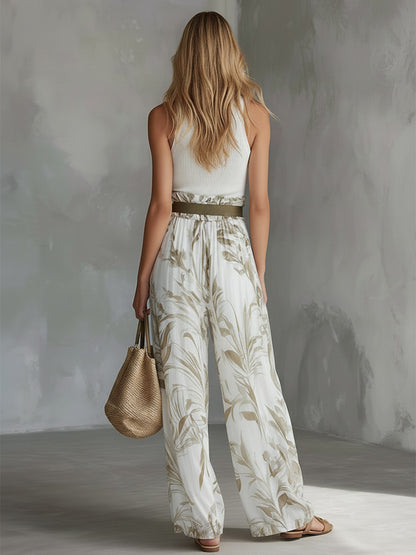 Elegant White Breathable Knit Tank Top Printed Chiffon Wide-Leg Pants Set