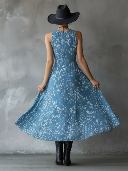 Retro Classic Floral Print Navy Blue Chiffon Sleeveless Maxi Dress