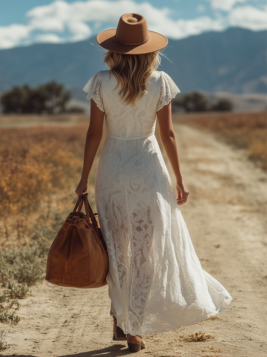 Chic Western-Style White Lace-Up V-Neck Short-Sleeve Maxi Dress