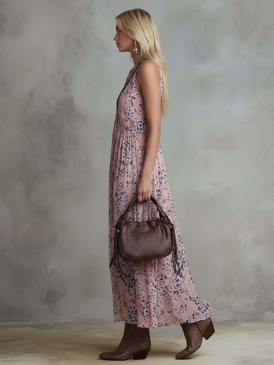 Retro Classic Floral Print Pink Chiffon V-Neck Sleeveless Maxi Dress