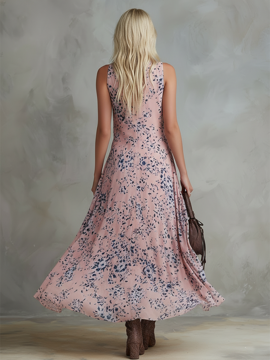 Retro Classic Floral Print Pink Chiffon V-Neck Sleeveless Maxi Dress