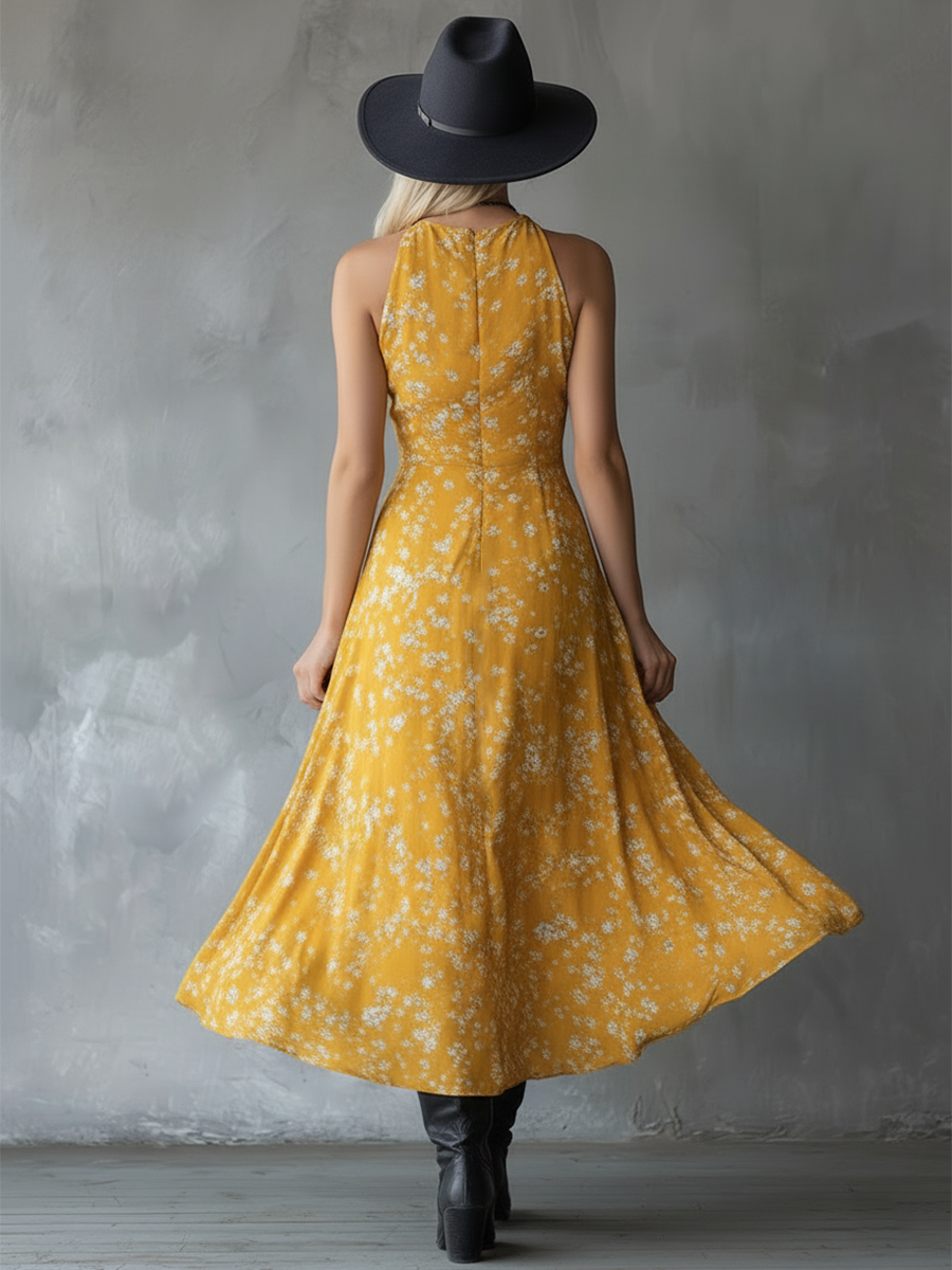 Retro Classic Floral Print Navy Blue Chiffon Sleeveless Maxi Dress