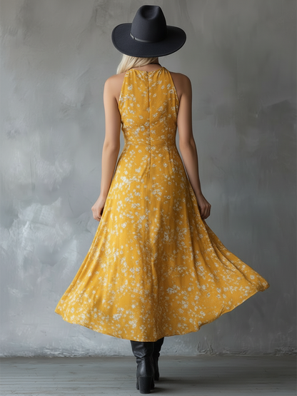 Retro Classic Floral Print Navy Blue Chiffon Sleeveless Maxi Dress