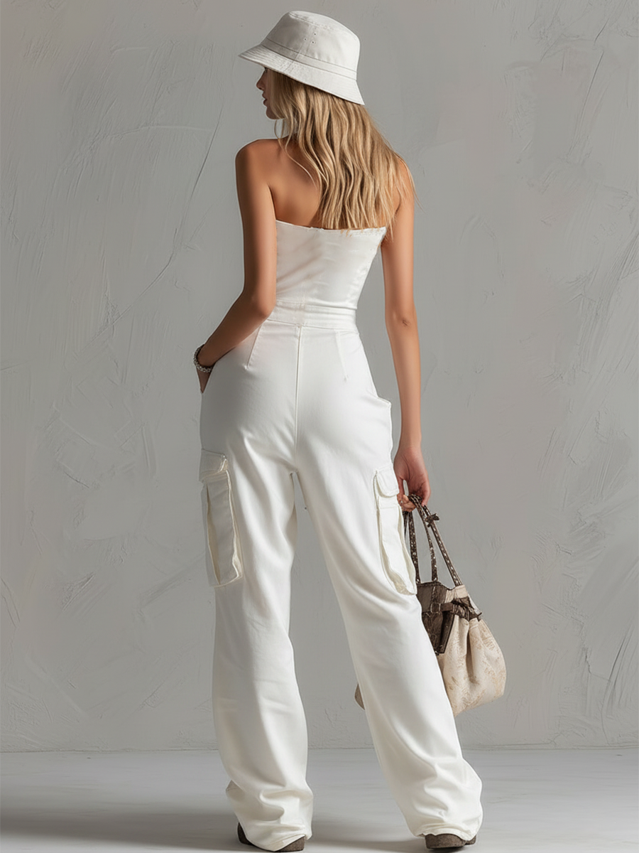 Chic &amp; Sporty White Cotton Multi-Pocket Halter Jumpsuit