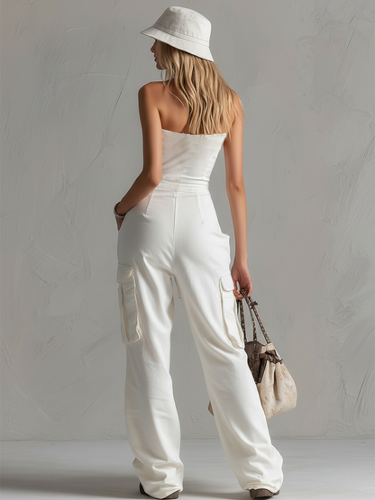 Chic &amp; Sporty White Cotton Multi-Pocket Halter Jumpsuit