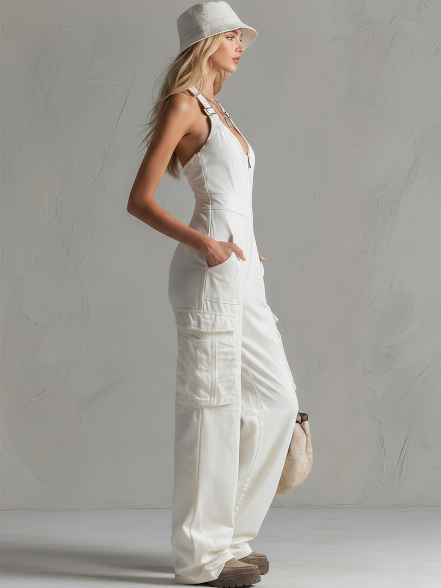 Chic &amp; Sporty White Cotton Multi-Pocket Halter Jumpsuit