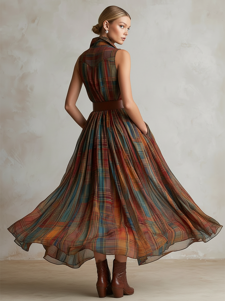 Vintage-Elegant Red-Brown Plaid Print Chiffon Sleeveless Maxi Dress
