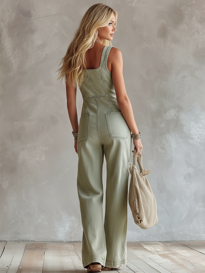 Retro Casual Grey-Green Denim Square-Neck Jumpsuit