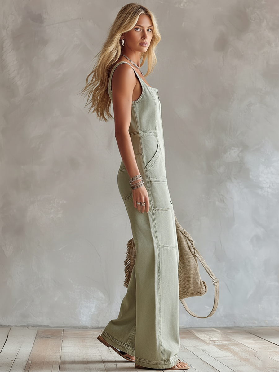 Retro Casual Grey-Green Denim Square-Neck Jumpsuit