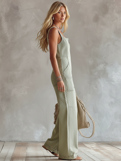 Retro Casual Grey-Green Denim Square-Neck Jumpsuit