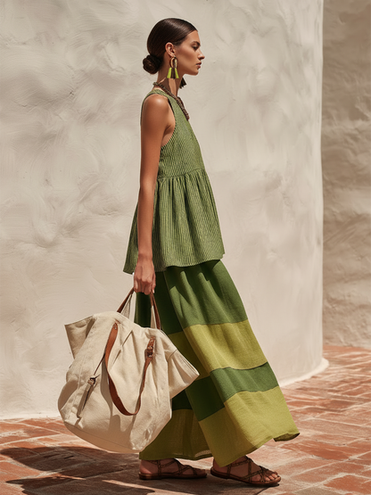 Retro-chic Striped Top And Color-blocked Wide-leg Pants