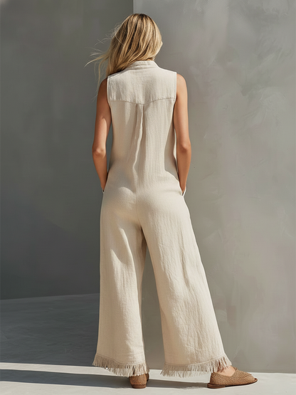 Casual Urban Beige Fringed Cotton-Linen Jumpsuit