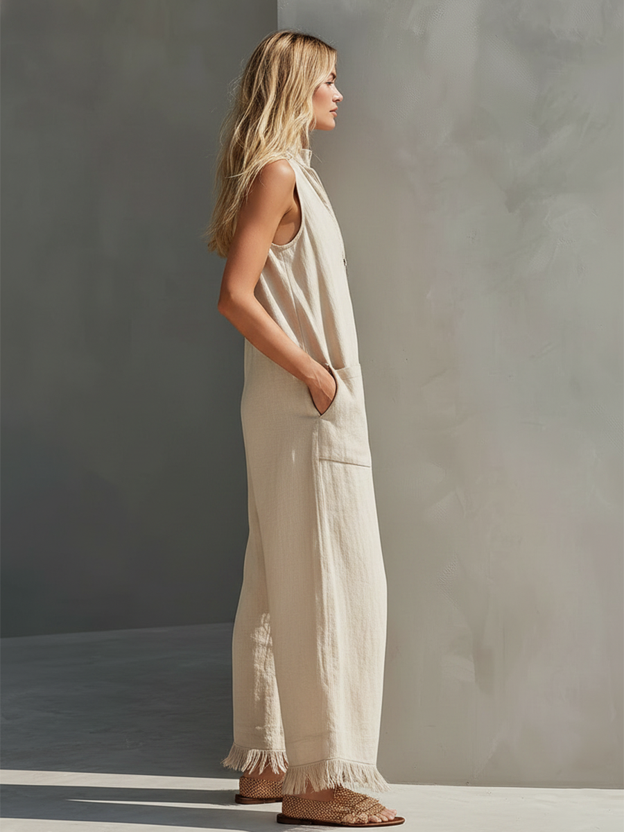 Casual Urban Beige Fringed Cotton-Linen Jumpsuit