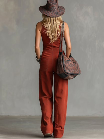 Retro-Chic Rust-Red Collared Denim Jumpsuit
