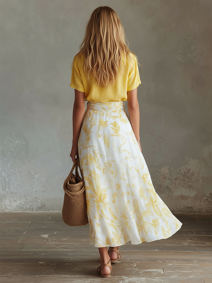 Elegant Summer Vacation Outfit Yellow Cotton-Linen T-Shirt &amp; Moon-Print Chiffon Skirt Set