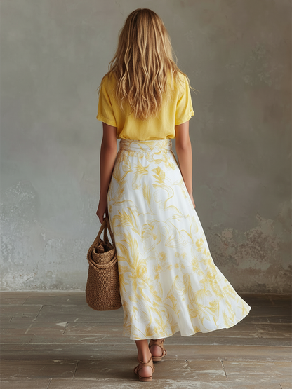 Elegant Summer Vacation Outfit Yellow Cotton-Linen T-Shirt &amp; Moon-Print Chiffon Skirt Set