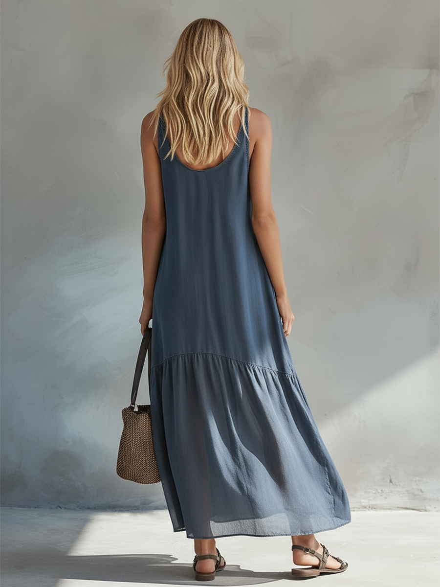 Urban Chic Grey-Blue Cotton Chiffon Patchwork Maxi Dress