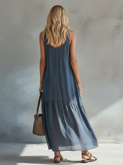 Urban Chic Grey-Blue Cotton Chiffon Patchwork Maxi Dress