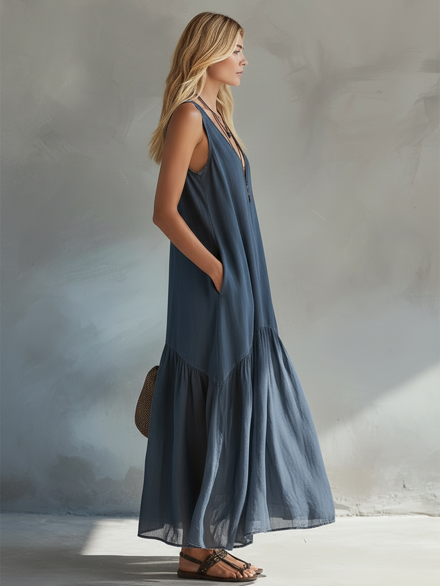 Urban Chic Grey-Blue Cotton Chiffon Patchwork Maxi Dress