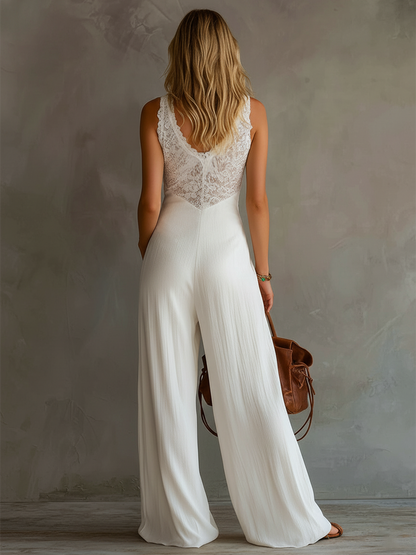 Minimalist Retro White Lace-Paneled Cotton Sleeveless Jumpsuit