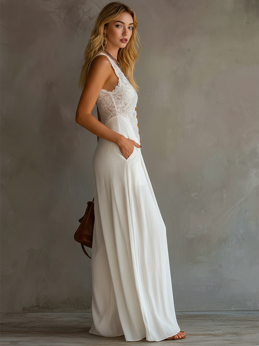 Minimalist Retro White Lace-Paneled Cotton Sleeveless Jumpsuit