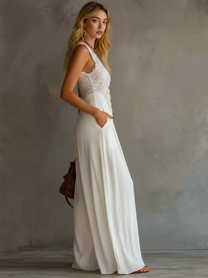 Minimalist Retro White Lace-Paneled Cotton Sleeveless Jumpsuit