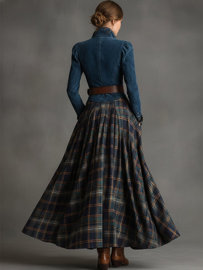 Retro Ethnic Style Belt Blue Faux Suede Plaid Maxi Dress