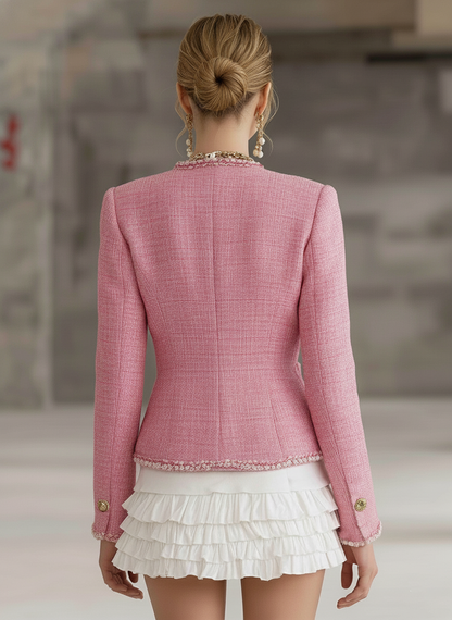 Designer Pink Tweed Patchwork White Trim Button Jacket