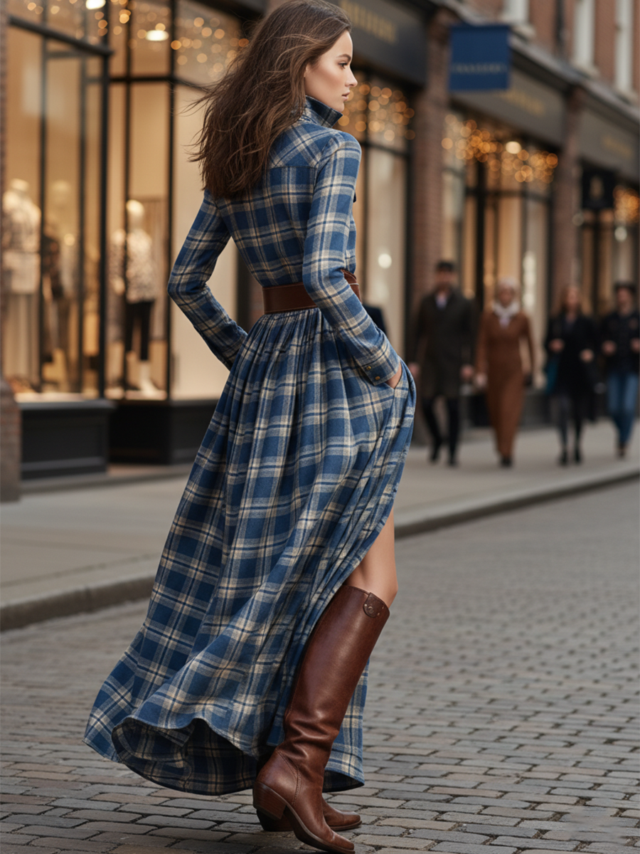 Western Wedding Guest | Oyrosy Reddish Brown Plaid Maxi Dress OYROSY Western Wedding Guest | Oyrosy Reddish Brown Plaid Maxi Dress OYROSY