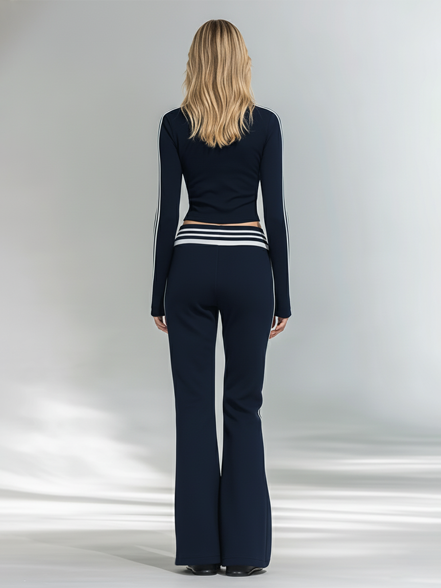 Sporty And Stylish Stand-up Collar T-shirt And Flared Pants Set