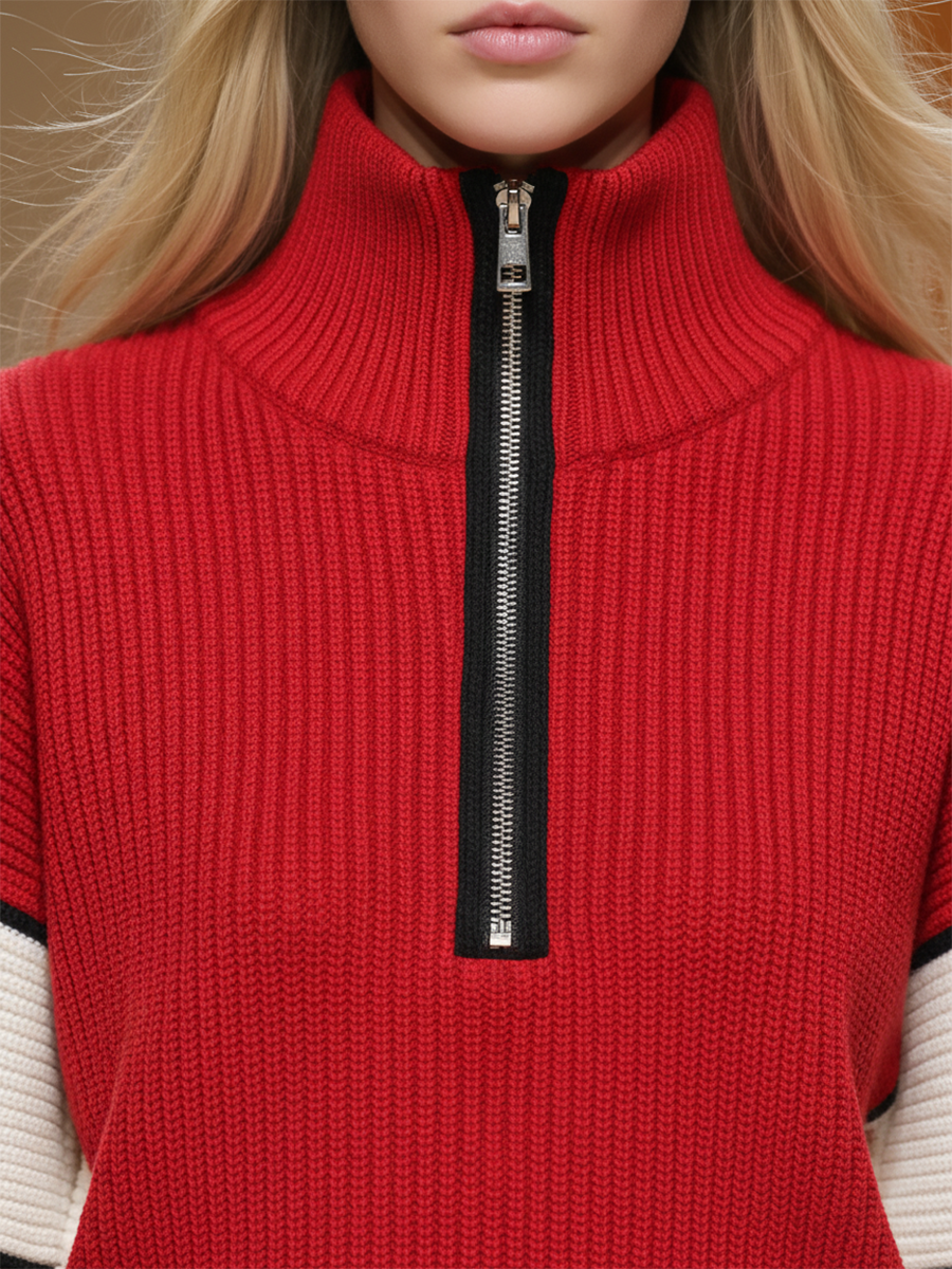 Retro Sports Style Contrast Color Knit Top And Pants Set