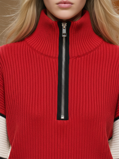 Retro Sports Style Contrast Color Knit Top And Pants Set