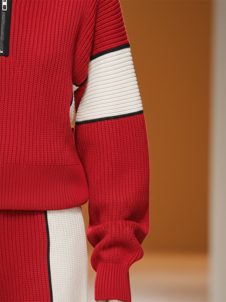 Retro Sports Style Contrast Color Knit Top And Pants Set