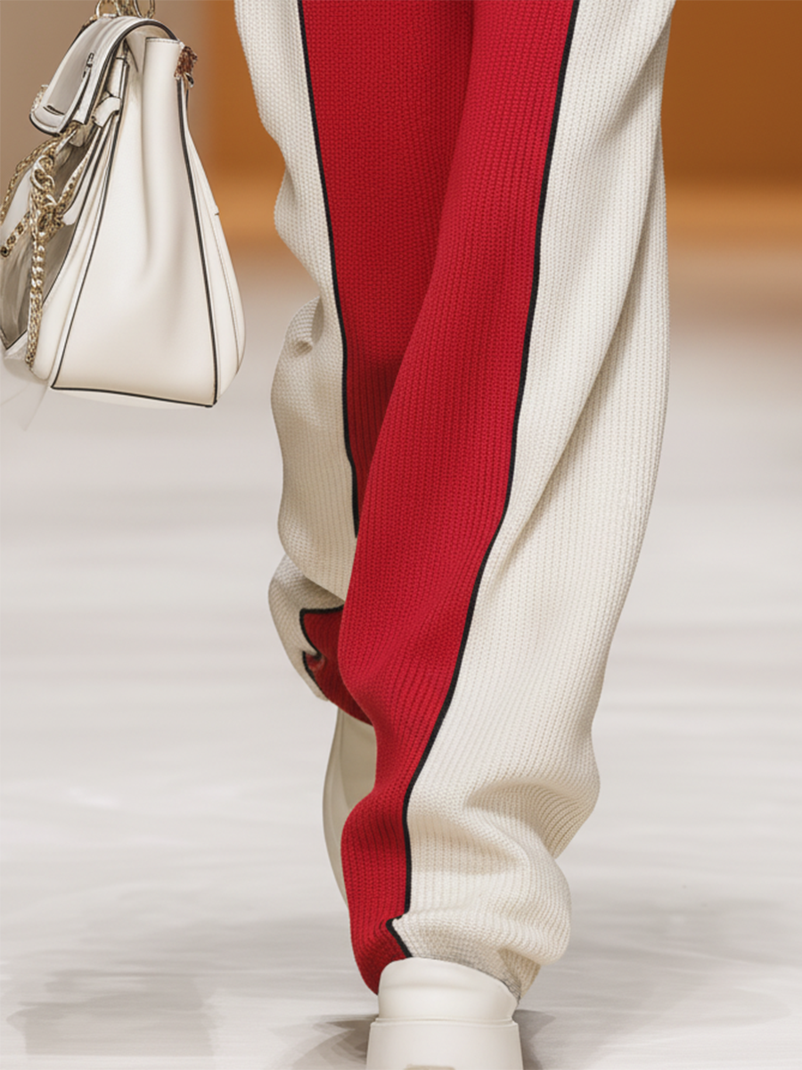 Retro Sports Style Contrast Color Knit Top And Pants Set