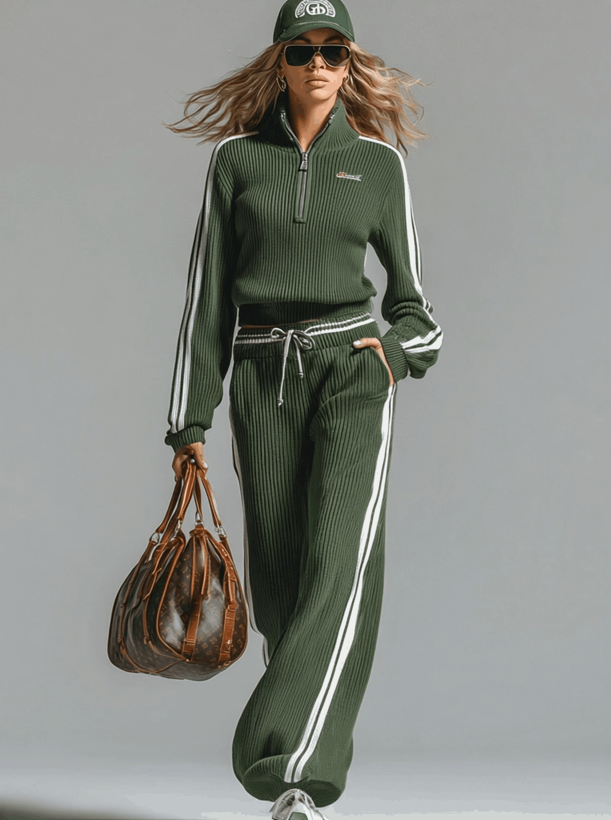 Retro Casual Green Sports Half-zip Knitted Sweater And Pants Set