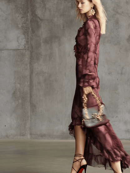 Elegant And Fashionable Burgundy Chiffon Snakeskin Pattern Ruffled Long-Sleeved Maxi Dress