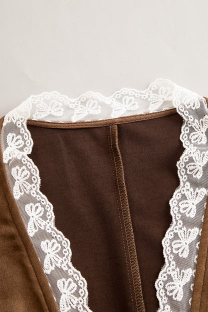 Romantic Western Style Lace Sleeves Brown Suede Shirt