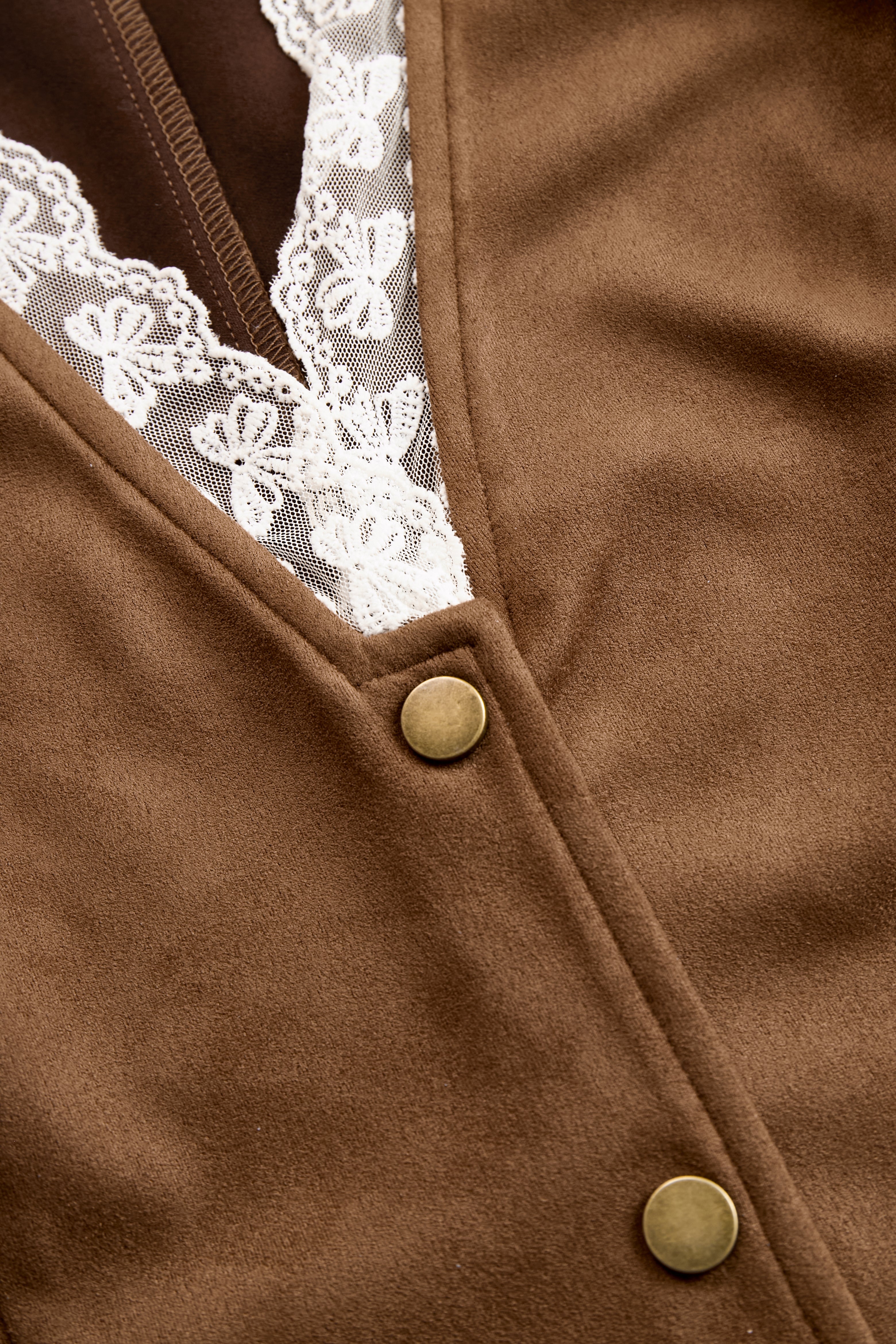 Romantic Western Style Lace Sleeves Brown Suede Shirt