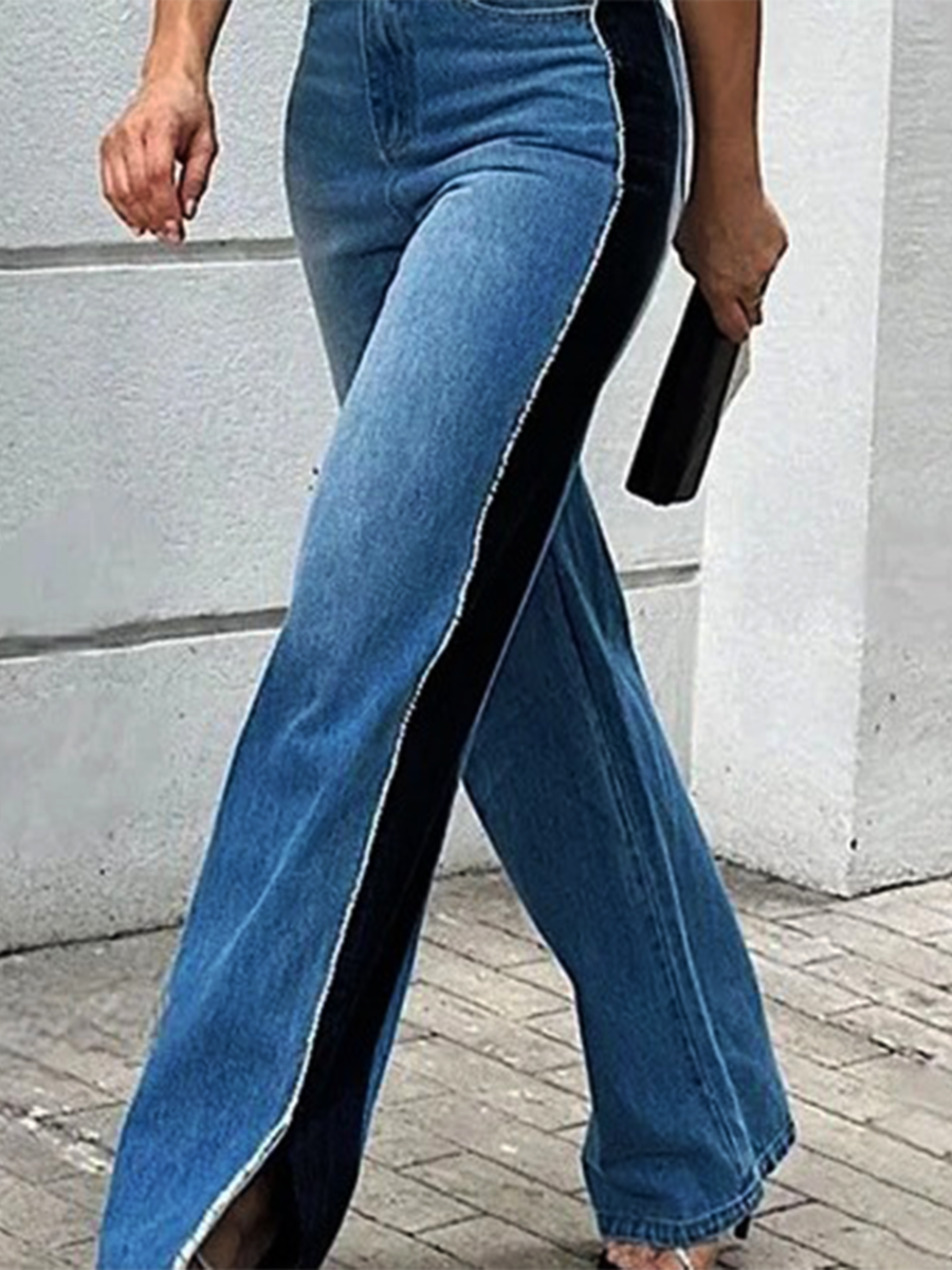 Fashion Casual Stylish Stitching Side Slit Wide-leg Pants Trousers Jeans