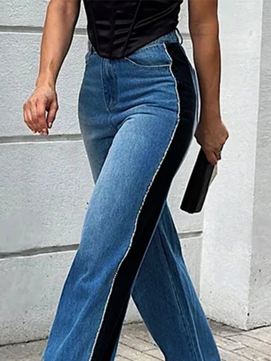 Fashion Casual Stylish Stitching Side Slit Wide-leg Pants Trousers Jeans