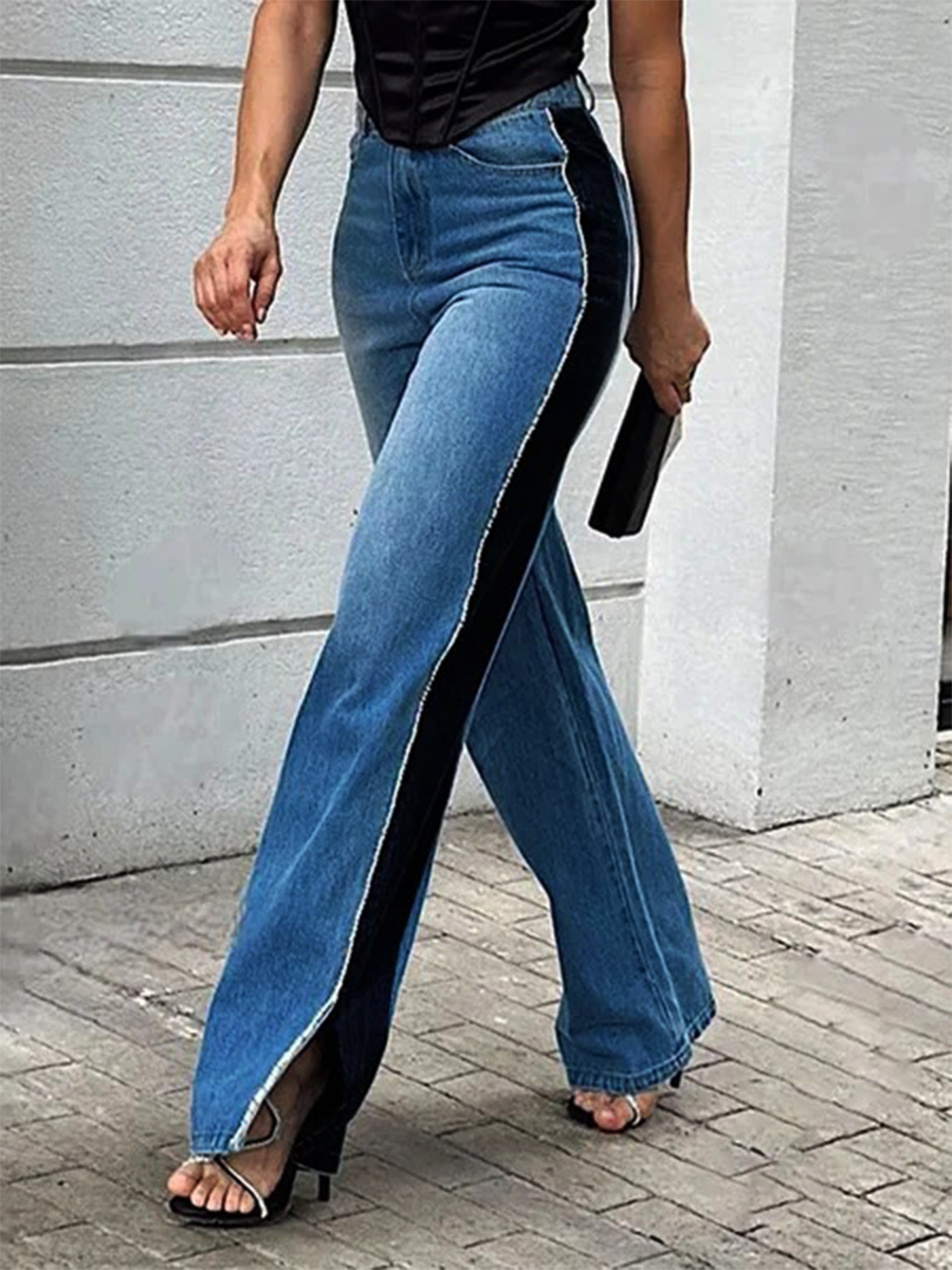 Fashion Casual Stylish Stitching Side Slit Wide-leg Pants Trousers Jeans