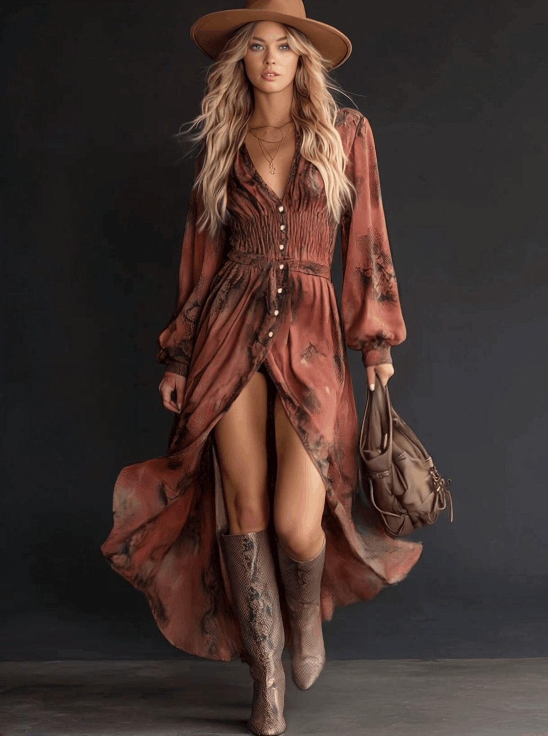 Fashionable Retro Brick Red Chiffon Snakeskin Elastic Waist Long Sleeve Maxi Dress