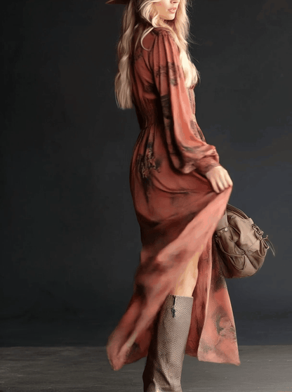 Fashionable Retro Brick Red Chiffon Snakeskin Elastic Waist Long Sleeve Maxi Dress